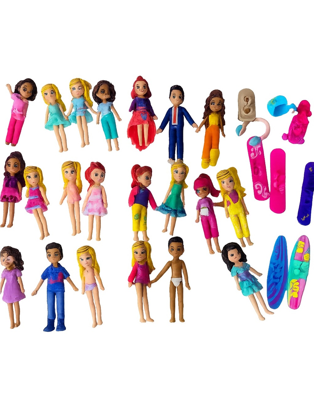 Polly Pocket Doll Lot of 21 Dolls & Accessories Surfboards Skis Mattel